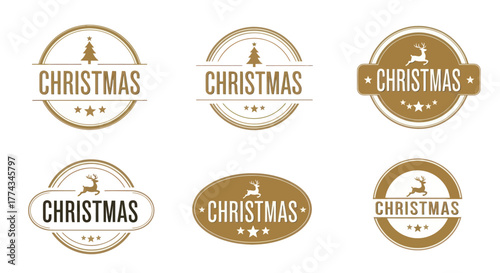 A collection of six vintage-style Christmas emblems featuring festive icons like trees and reindeer, each with the word "Christmas" prominently displayed.