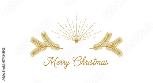 Elegant Merry Christmas greeting with golden pine branches and a radiant starburst on a white background.