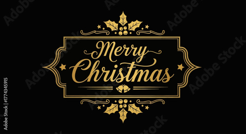 Elegant gold 'Merry Christmas' text inside a vintage ornate frame with holly on a black background.