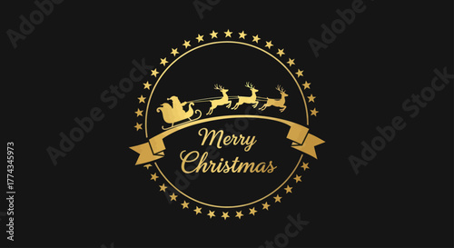 An elegant gold Merry Christmas emblem with Santa's sleigh and reindeer on a black background.
