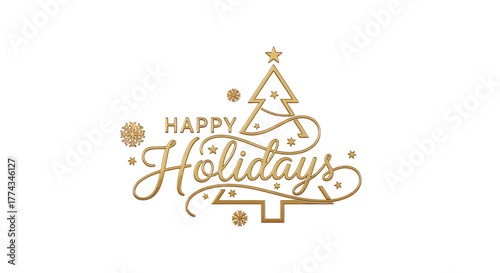 Elegant golden "Happy Holidays" text with a stylized Christmas tree and decorative snowflakes on a clean white background.