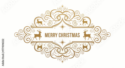 Ornate gold frame with swirling designs and reindeer silhouettes surrounding the text "Merry Christmas" on a white background.