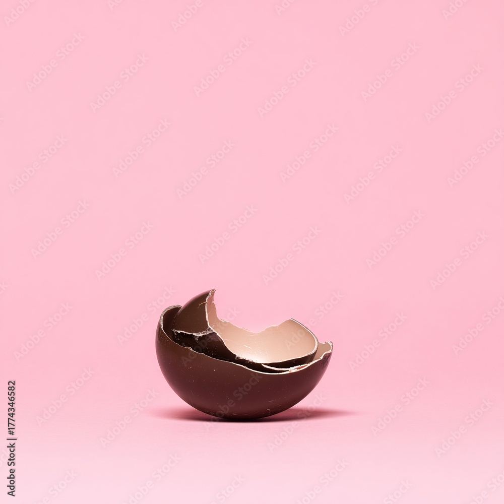 Fototapeta premium Broken chocolate egg on simple pink minimalist background.
