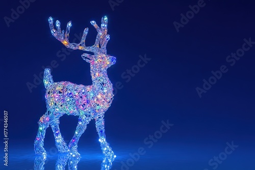 Upright lighted deer figure with antlers in Christmas setting.

