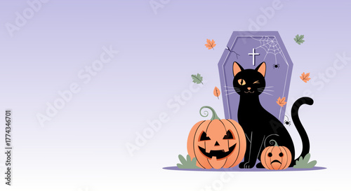 A winking black cat next to a carved jack-o'-lantern and purple coffin is a whimsical scene for Halloween party invitations, spooky branding, and fall decor
