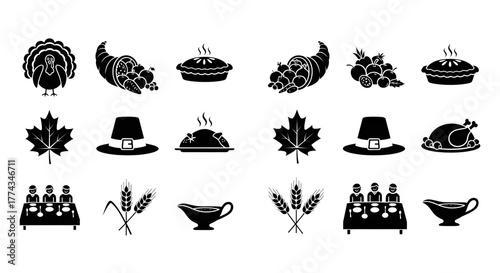 Collection of thanksgiving icons including a turkey, cornucopia, pie, maple leaf, pilgrim hat, wheat, and people at a table, isolated on transparent background