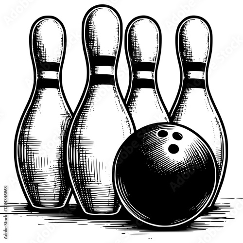 bowling pins and ball sketch illustration with transparent background 