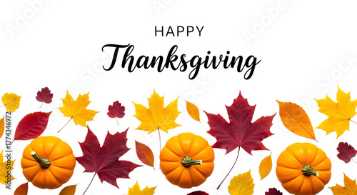 Happy thanksgiving text with pumpkins and autumn leaves border isolated on transparent background
