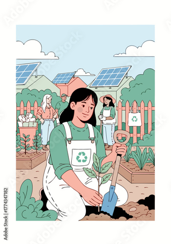 A woman from Ruthaven plants a sapling in a community garden featuring solar-powered homes—an illustration for education, branding, and eco-friendly campaigns.