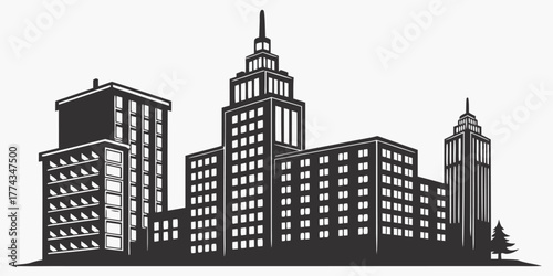 Silhouette of a cityscape with various buildings and a tree against a white background design