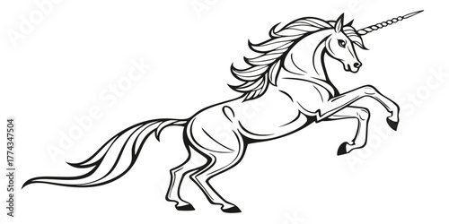 A black and white drawing of a rearing unicorn with a flowing mane and tail on a white background space