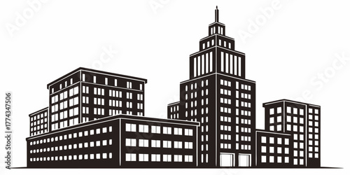 Silhouette illustration of a cityscape with various buildings and skyscrapers against white background