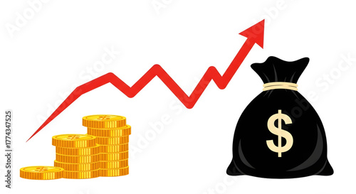 Accelerating Growth: Upward Trend with Gold Coins and Money Bag