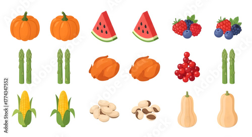 Collection of healthy food items including pumpkins, watermelon, berries, asparagus, chicken, cranberries, corn, cashews, brazil nuts, and butternut squash isolated on transparent background