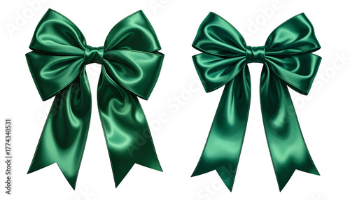 Emerald green holiday bow set luxury satin decor, isolated on transparent background