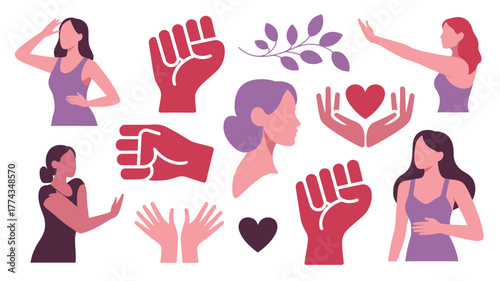 Women Empowerment Symbols Raised Fists, Hands Holding Heart, and Female Silhouettes Illustration
