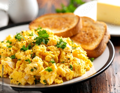 Plate of scrambled eggs with toast and parsley hot