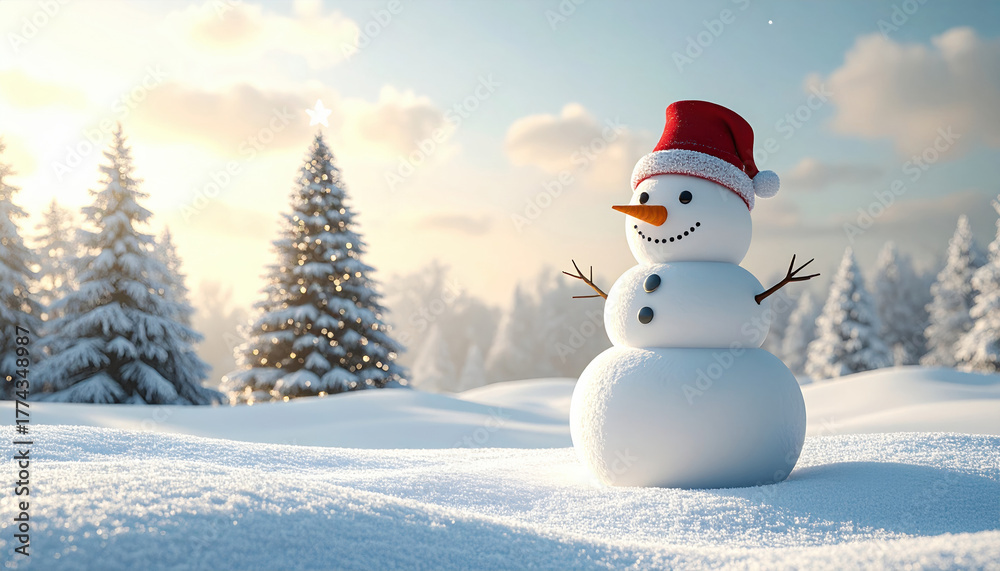 Fototapeta premium Cheerful snowman with red Santa hat stands in snowy landscape, surrounded by snow covered trees under bright sky