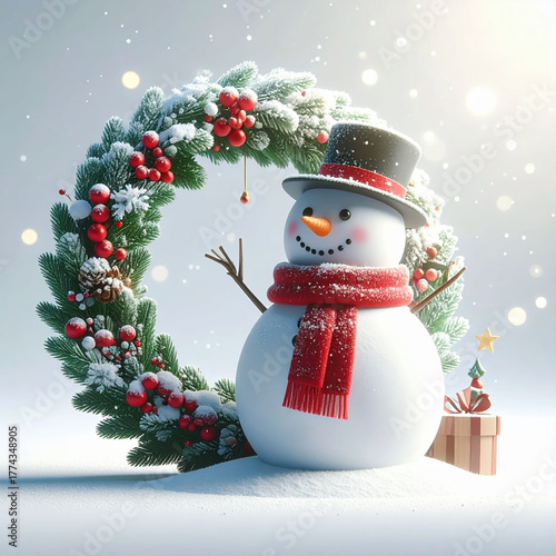 Cheerful snowman with red scarf and top hat stands beside festive wreath adorned with berries and snow. gift box adds to holiday spirit