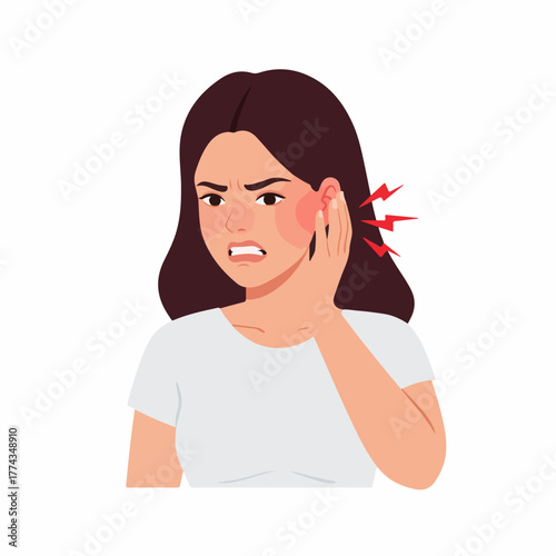 Cartoon Flat Illustration Woman with Ear Pain Symptom Health Condition