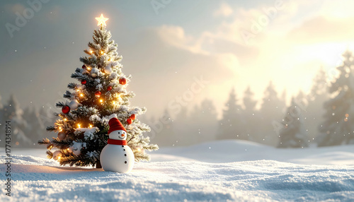 Snowman and decorated Christmas tree with lights and ornaments stand in snowy landscape, evoking festive winter atmosphere