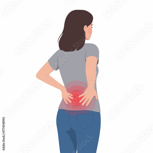 Flat Illustration Woman Holding Her Lower Back with Pain Indication Health Issue