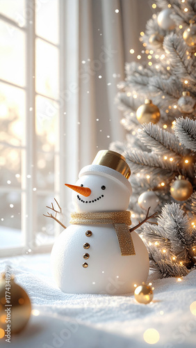 Festive snowman with golden scarf and hat beside decorated Christmas tree, creating warm holiday atmosphere