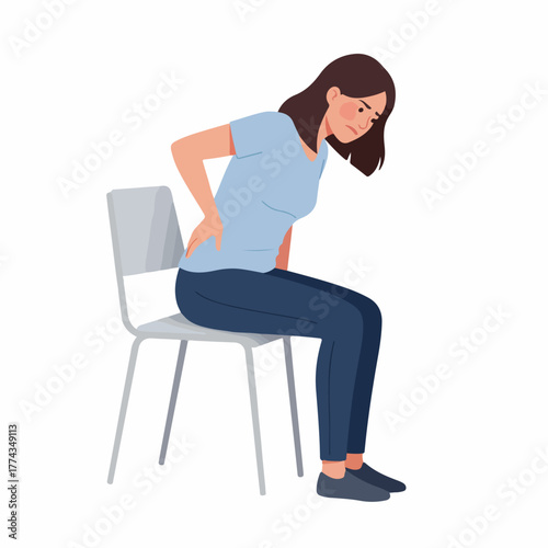 Flat Illustration Young Woman Suffering from Back Pain on Chair