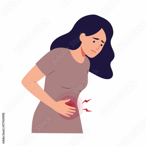 Flat Style Woman Suffering Abdominal Pain Illustration Disease Healthcare