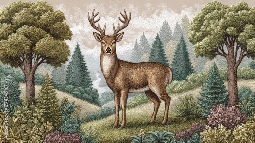 Serene Deer in Pixelated Forest Landscape