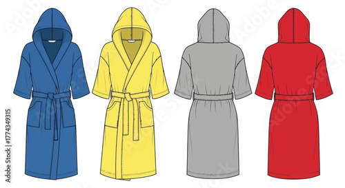 Illustration of four different colored hooded robes or bathrobes displayed flat
