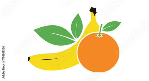 A vibrant illustration featuring a banana and orange with green leaves