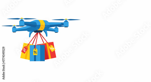 Quadcopter drone delivering packages and online purchases