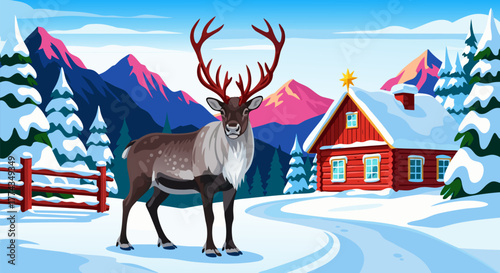 Majestic reindeer standing in a picturesque snowy winter landscape, featuring a charming red cabin, frosted evergreen trees, and towering mountains