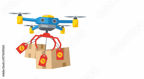 Quadcopter drone delivering online shopping orders during a sale