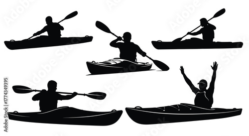 Silhouettes of kayakers in various poses on the water surface