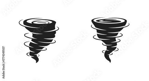 Two stylized black and white tornado illustrations on a plain background