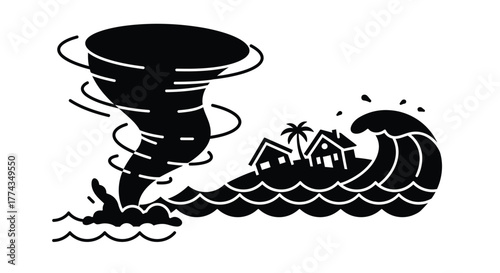 A dramatic black and white illustration depicts a tornado and flooding