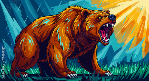 Vibrant Digital Illustration of a Mighty Roaring Bear, a Symbol of Untamed Strength and Wild Power Against Contrasting Weather Elements