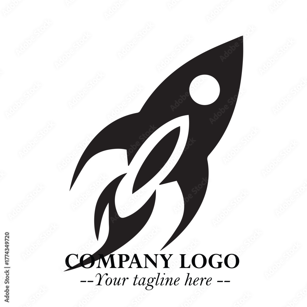 Obraz premium Rocket Logo Symbol in Black on the White Background with Modern Futuristic Space Design