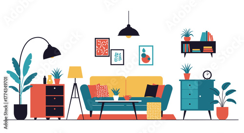 A brightly colored living room interior with modern furniture and plants