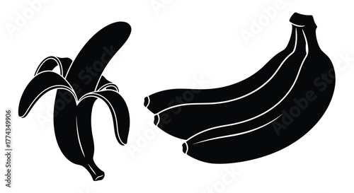 Black and white illustration depicting a bunch of bananas and a peeled banana