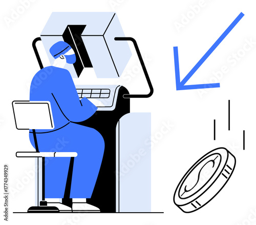 Medical professional using robotic surgical equipment with a falling coin symbol next to them. Ideal for innovation, healthcare, technology, cost analysis, efficiency, robotics, futuristic systems
