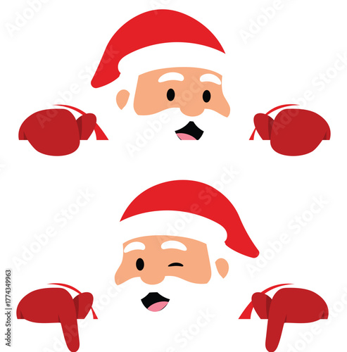 Cute Santa Claus Character Peeking Over the Edge, Funny Papa Noel Cartoon Pointing Finger Down, Cheerful Santa Claus with Red Costume Hiding to Surprise for Christmas illustration  