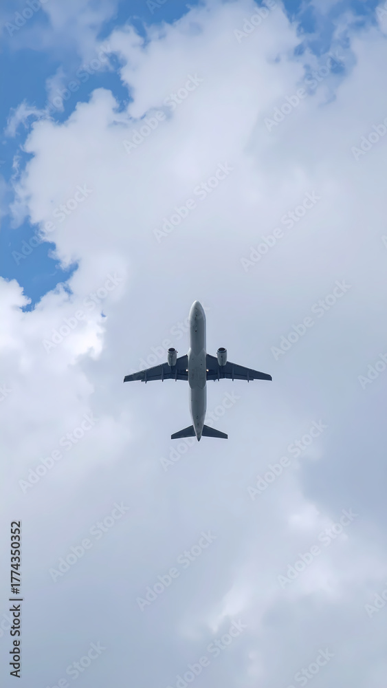 Fototapeta premium Airplane soaring through a cloudy sky on a bright day overhead perspective