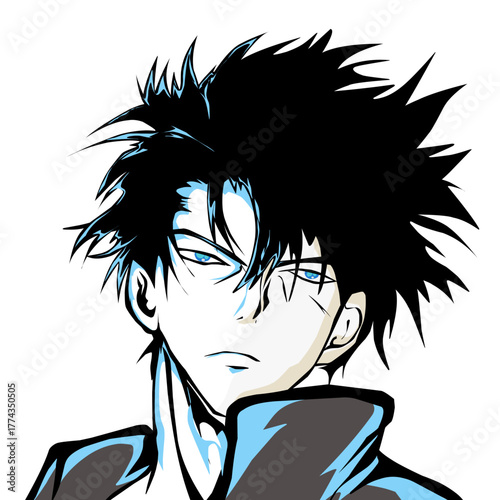Intense anime style portrait of a young man with spiky black hair.