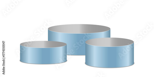 Three blue cylindrical podiums on a transparent background