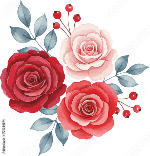 Watercolor roses with leaves and berries floral arrangement