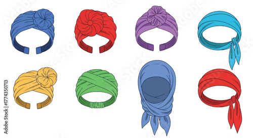 Colorful turban headwraps collection in various styles and shades displayed artfully