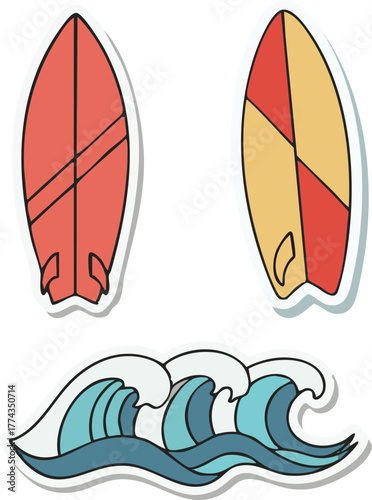 Two surfboards stand near crashing ocean waves on a sunny day, evoking a sense of adventure and the thrill of surfing, perfect for summer vibes.